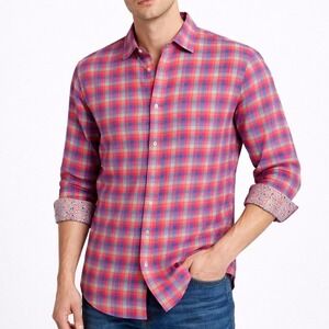 Bugatchi Mens Large Shaped Fit Shirt Linen Plaid Button Down Multi Color